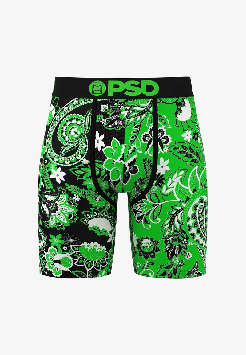 Mustard ja roheliste lilledega mustrilised bokserpüksid musta vööga, millel on erksroheline "PSD" logo ja detailne paisleymuster.