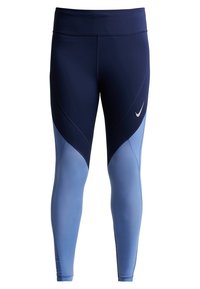 Legginsy z mieszanką ciemnoniebieskich i jasnoniebieskich paneli, wykonane z elastycznego materiału odprowadzającego wilgoć, z detalem w postaci logo Nike.