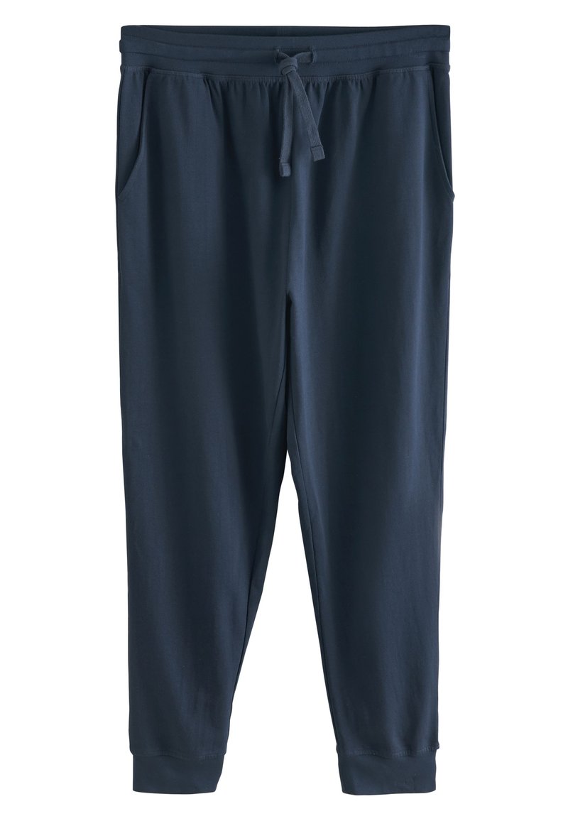 Navy blue sweatpants made from soft fabric, featuring an elastic waistband with drawstring, side pockets, and cuffed ankles.
