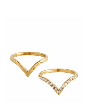 Two gold V-shaped rings, one plain and one adorned with small clear stones along the upper edges, on a white background.