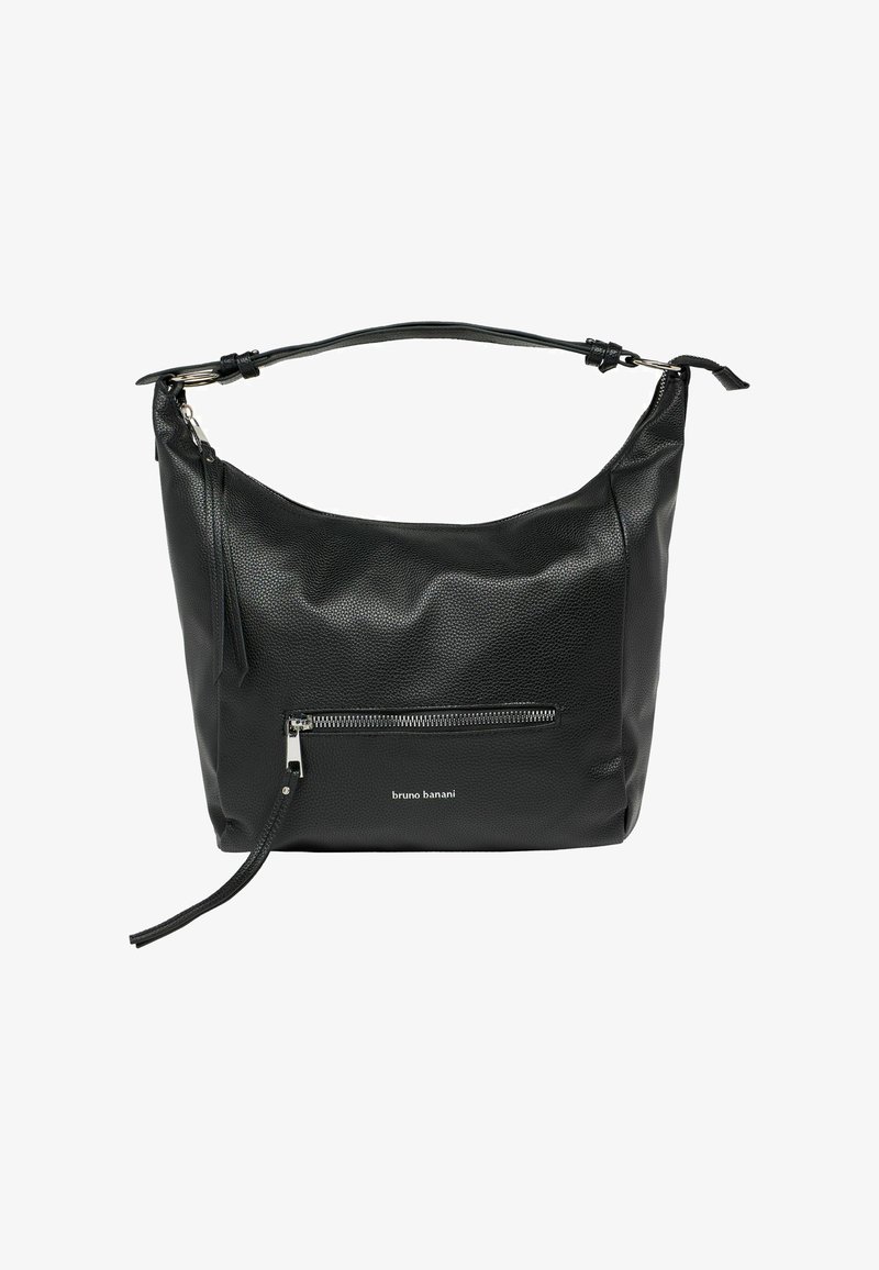Zwarte leren schoudertas met een gestructureerd oppervlak, een zilveren ritsvak en de merknaam "bruno banani" centraal op de voorkant.