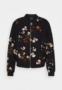 Svart bomberjacka med blommönster i beige och brunt. Dragkedja framtill, ribbad krage och muddar samt en avslappnad passform. Mjuk tygkänsla.