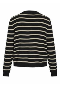 Melns un krēmtauku svītrains pulovers ar noapaļotu kakla izgriezumu, ribotām piedurknēm un apakšmalu. Materiāls ir gluds. Redzams aizmugurējais skats.