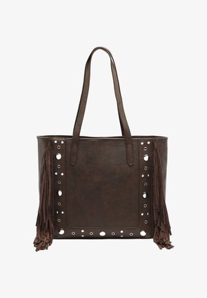 Braune Handtasche aus Kunstleder mit langen Quasten, runden Ausschnitten und Metallakzenten. Verfügt über zwei stabile Griffe für einfaches Tragen.