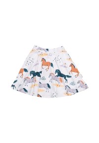 Weißer Rock mit einem bunten Pferdemuster in Orange, Schwarz und Grau, mit dehnbarem Bund und ausgestelltem Design.