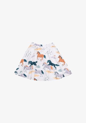 White skirt featuring a colorful horse pattern in orange, black, and grey, with a stretchy waistband and flared design.