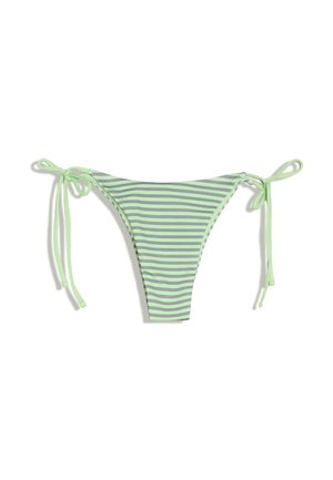 Zielono-szare majtki bikini w paski z wiązaniami po bokach, rozłożone na płaskim, białym tle.