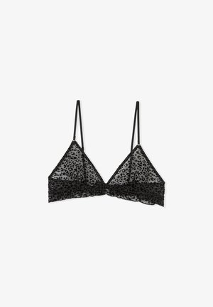 Soutien-gorge bralette en dentelle noire à imprimé léopard, avec des bonnets triangulaires, des bretelles ajustables et un bord festonné.