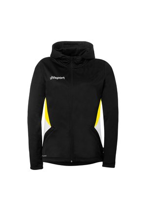 Zwarte capuchonvest met ritssluiting, met gele en witte zijpanelen, twee zakken aan de voorkant en het "uhlsport" logo op de borst.