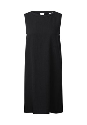 Robe noire sans manches en tissu texturé, avec un col rond et une silhouette évasée fluide. Design simple et minimal.