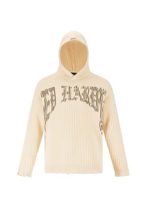 Hoodie a coste di colore crema con orlo strappato, caratterizzato da una grafica testuale grigia scura sul petto.