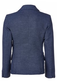 Blazer texturizado azul marino con solapas, mangas largas y puños abotonados visto desde atrás.