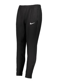 Pantaloni sportivi neri realizzati in tessuto liscio con vita elasticizzata, tasche laterali e un piccolo logo Nike bianco sulla gamba sinistra.