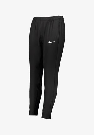 Pantalons de sport noirs en tissu lisse avec une taille élastique, des poches latérales et un petit logo Nike blanc sur la jambe gauche.