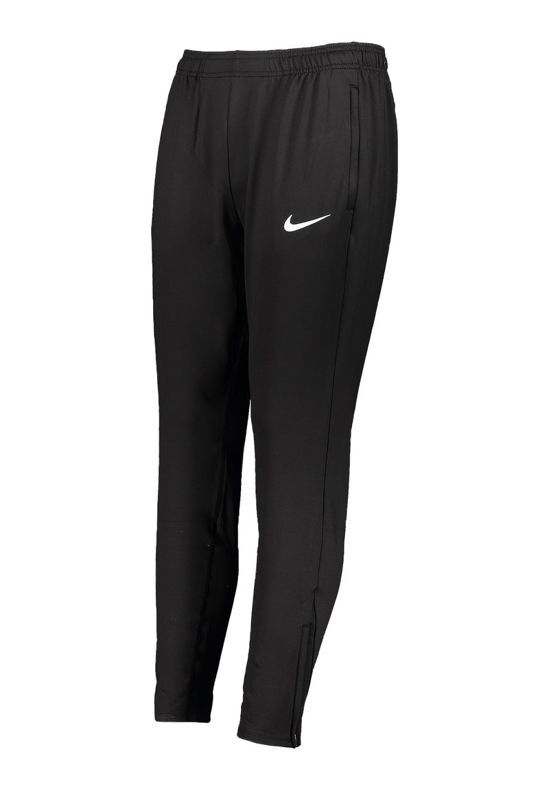 Pantaloni sportivi neri realizzati in tessuto liscio con vita elasticizzata, tasche laterali e un piccolo logo Nike bianco sulla gamba sinistra.