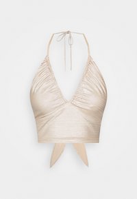 Bikini top s halter krkem v metalické béžové látce, s hlubokým V výstřihem, nařasením a tkaničkami na krku a zádech pro úpravu velikosti.