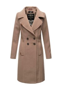 Beige dobbeltradet frakke med store revers, som har to forlommer og sorte knapper. Indvendigt har den et kontrasterende mønstrede for.