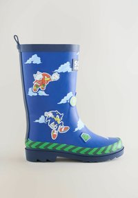 Modré dětské gumové boty do deště s nálepkami Sonic the Hedgehog a Knuckles, mráčky, zeleným diamantem a detaily na podrážce se zelenými pruhy.