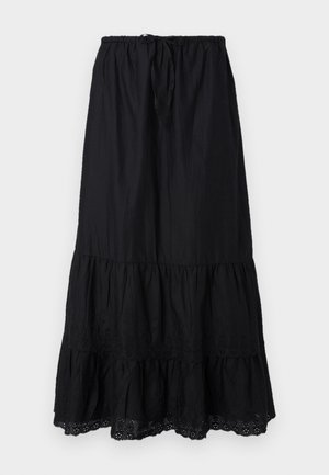 Black tiered skirt made from lightweight fabric, featuring a drawstring waist, embroidered detailing at the hem, and a flowing silhouette.