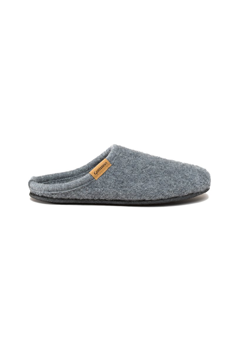 Gray felt slipper with an open back, rounded shape, and a textured surface. Features a small brown logo tag on the side. Rubber sole.