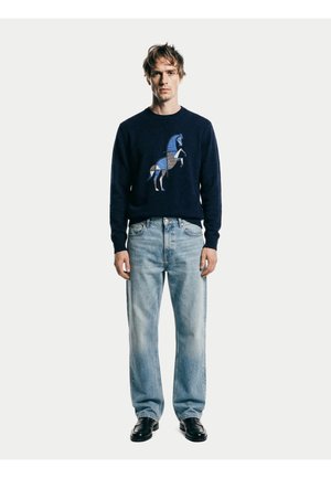 Mann trägt einen dunkelblauen Pullover mit einer blauen Pferdegrafik, hellblaue Jeans und schwarze Schuhe, steht vor einem schlichten weißen Hintergrund.