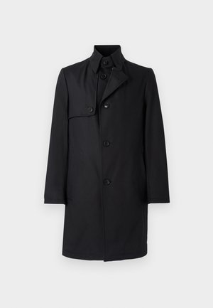 Sort trenchcoat med enstående krave, lukning med fem knapper, to sidelommer og en glat, glat stofstruktur.