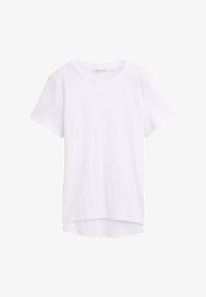 Bijela pamučna majica s kratkim rukavima, okruglim izrezom i nešto dužim stražnjim rubom. Glatka tekstura i minimalni dizajnerski detalji.