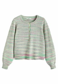 Sweter w paski z miękkimi odcieniami zieleni, różu i lawendy, okrągłym dekoltem, listwą z guzikami oraz ściągaczami przy mankietach i u dołu.