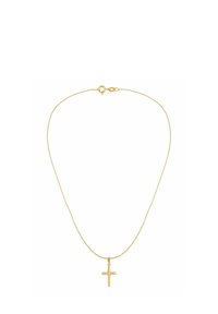 Kuldne kett kaelakee väikese, lihtsa ristipärliga, mille keskel on üksainus selge vääriskivi. Peen ja õrn tekstuur.