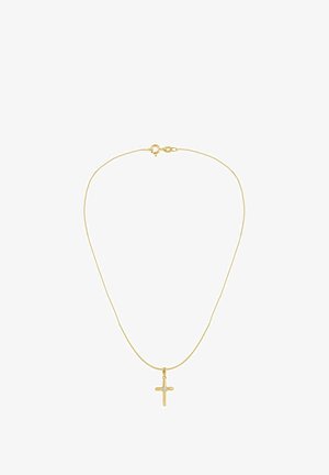 Gold chain necklace with a small, simple cross pendant featuring a single clear gemstone in the center. Fine, delicate texture.