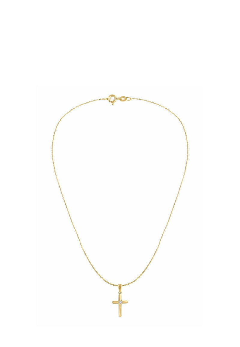 Kuldne kett kaelakee väikese, lihtsa ristipärliga, mille keskel on üksainus selge vääriskivi. Peen ja õrn tekstuur.