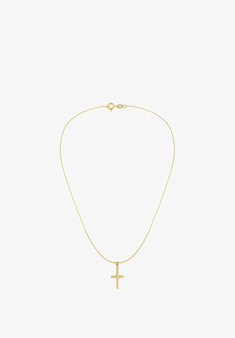 Kuldne kett kaelakee väikese, lihtsa ristipärliga, mille keskel on üksainus selge vääriskivi. Peen ja õrn tekstuur.