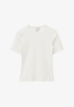 Short-sleeve, crew neck t-shirt in off-white ribbed fabric. Features a soft texture and a fitted silhouette. Minimalistic design, no patterns.