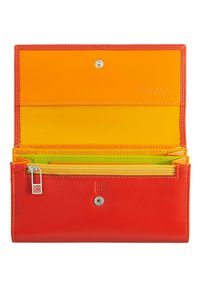 Leather wallet featuring a bright red exterior, orange and yellow interior compartments, zippered pocket, and stitching details.