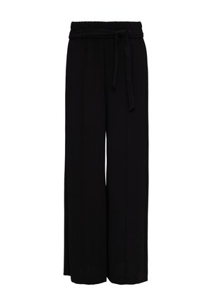 Black wide-leg trousers made of lightweight fabric, featuring a fitted elastic waistband with a matching fabric tie for adjustment.