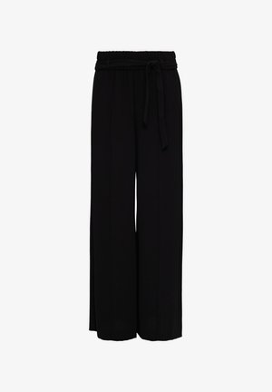 Schwarze, weit geschnittene Hosen aus leichtem Material, mit einem elastischen, eng anliegenden Bund und einer passenden Stoffbindung zur Anpassung.