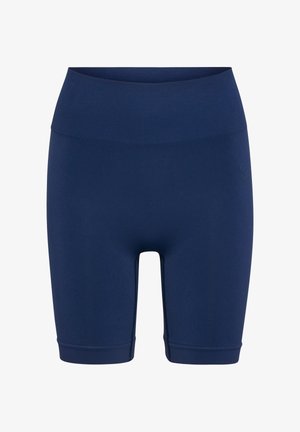 Mørkeblå høj-taljede sømløse cykelshorts med bred linning og ribbet øvre bånd for en tæt pasform.