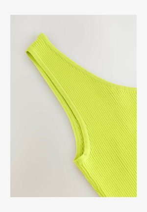 Top côtelé sans manches de couleur vert lime vif. Présente un décolleté large et des coutures nettes le long des bords pour une silhouette ajustée.