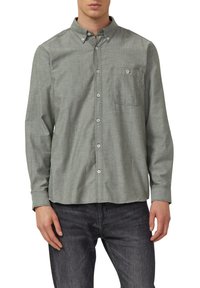 Herenoverhemd met lange mouwen in lichtgroene, gestructureerde stof met een borstzak, een button-down kraag en contrasterende stikseldetails.