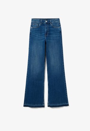 Blaue weite Jeans aus Denim mit fünf Taschen und Knopfverschluss, mit dezenten Auswaschungen an den Oberschenkeln und gesäumten Kanten.