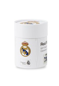 Boîte à cadeaux cylindrique blanche avec le logo du Real Madrid et une couronne, présentant des accents bleus et une surface texturée. Contient des chaussettes, taille 36-45.