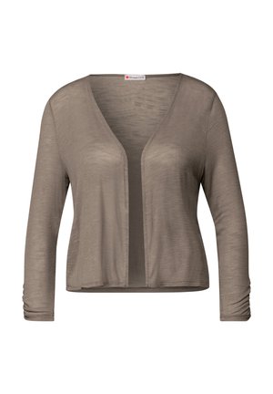 Lichtbruine cardigan met lange mouwen, v-hals en open voorkant. Gemaakt van zachte, gestructureerde stof met een subtiele glans.