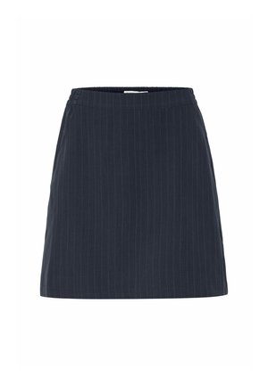 Dark blue pinstripe skirt with a relaxed fit, features a waistband and a straight silhouette, made from a textured fabric.