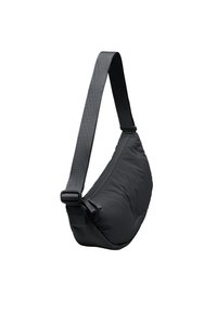 Bolso negro de bandolera con cuerpo acolchado y correa ajustable, mostrado aislado sobre un fondo blanco.