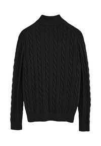 Czarny sweter z dzianiny w warkocze z długimi rękawami oraz ściągaczami przy mankietach, u dołu i wysokim kołnierzu, pokazany z tyłu.