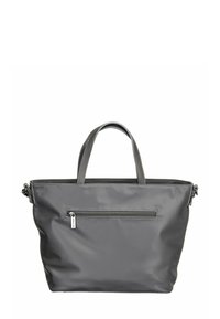 Sac fourre-tout gris avec deux poignées, poche avant zippée et crochets pour bandoulière amovible de chaque côté.