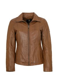 Braune Lederjacke mit einem Reißverschluss vorne, spitzem Kragen und Nahtdetails. Verfügt über lange Ärmel und eine glatte Textur.