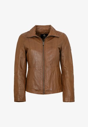 Braune Lederjacke mit einem Reißverschluss vorne, spitzem Kragen und Nahtdetails. Verfügt über lange Ärmel und eine glatte Textur.