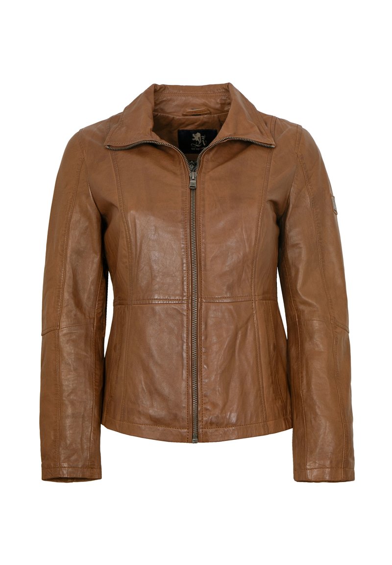 Braune Lederjacke mit einem Reißverschluss vorne, spitzem Kragen und Nahtdetails. Verfügt über lange Ärmel und eine glatte Textur.