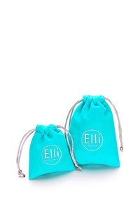 Turquoise velvet jewelry pouches with silver drawstring closures. Features round logo stating "Elli We Love Jewels." Two sizes presented.